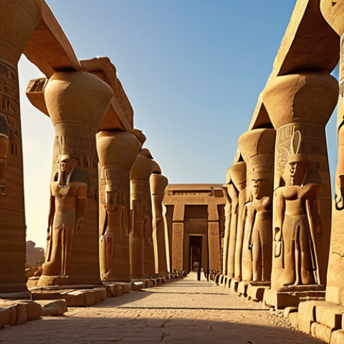 Home 4 **
> Gigantic pylons of Karnak with the face of Ramses II overlooking a traveler approaching Thebes. Golden hour lighting. Hieroglyphs visible.
**
