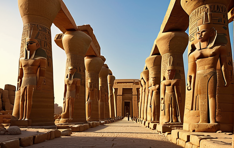 **
> Gigantic pylons of Karnak with the face of Ramses II overlooking a traveler approaching Thebes. Golden hour lighting. Hieroglyphs visible.
**